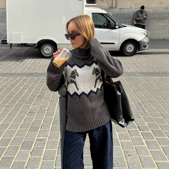 Damen Oversize-Rollkragenpullover mit Norweger-Intarsien und gerippten Bündchen Nord Taschen