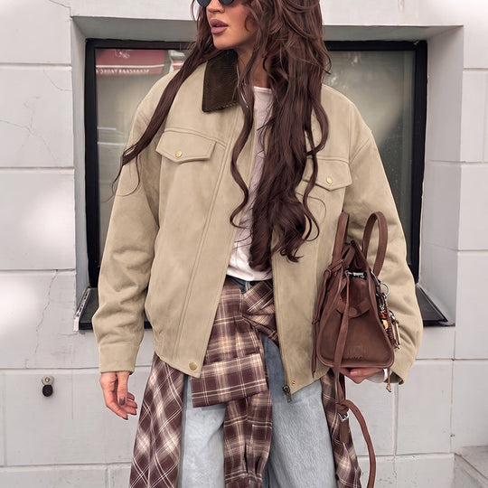 Damen Kurzjacke aus Wildlederimitat mit Cordkragen, Reißverschluss & Pattentaschen Nord Taschen