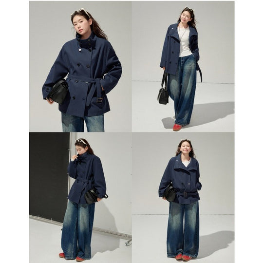 Damen Kurztrenchcoat mit taillierendem Gürtel und doppeltreiher Knopfleiste Nord Taschen