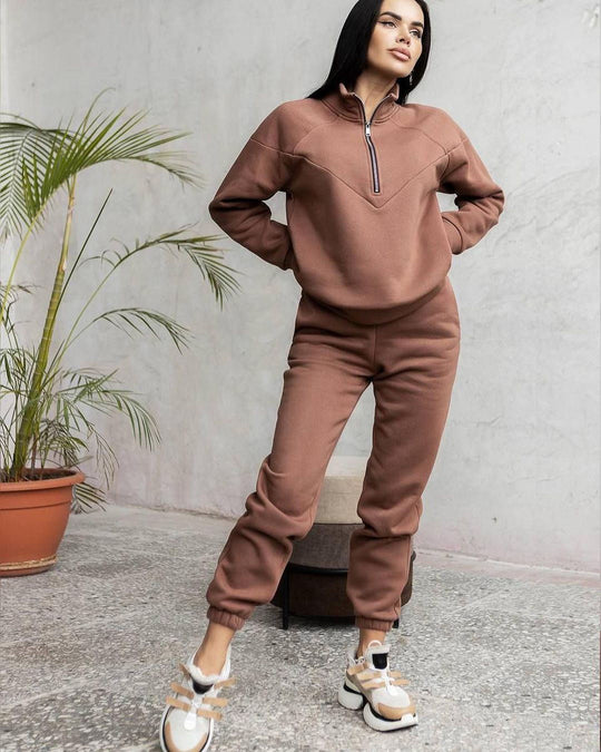 Damen Zweiteiliges Sweat-Loungewear-Set mit Troyer-Reißverschluss und elastischer Jogginghose Nord Taschen