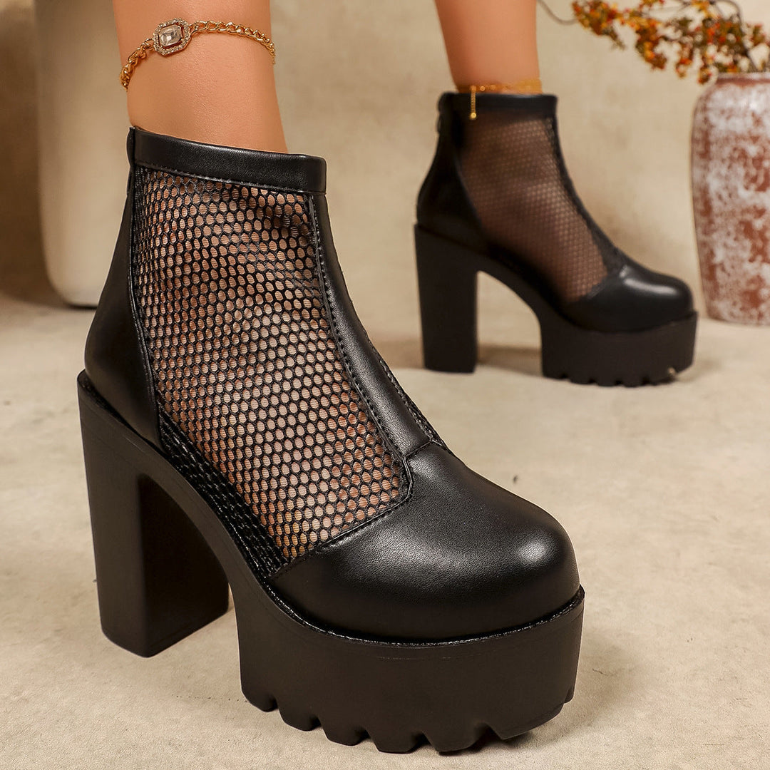 Damen Plateau Stiefeletten mit Netz-Ausschnitt und grobem Blockabsatz