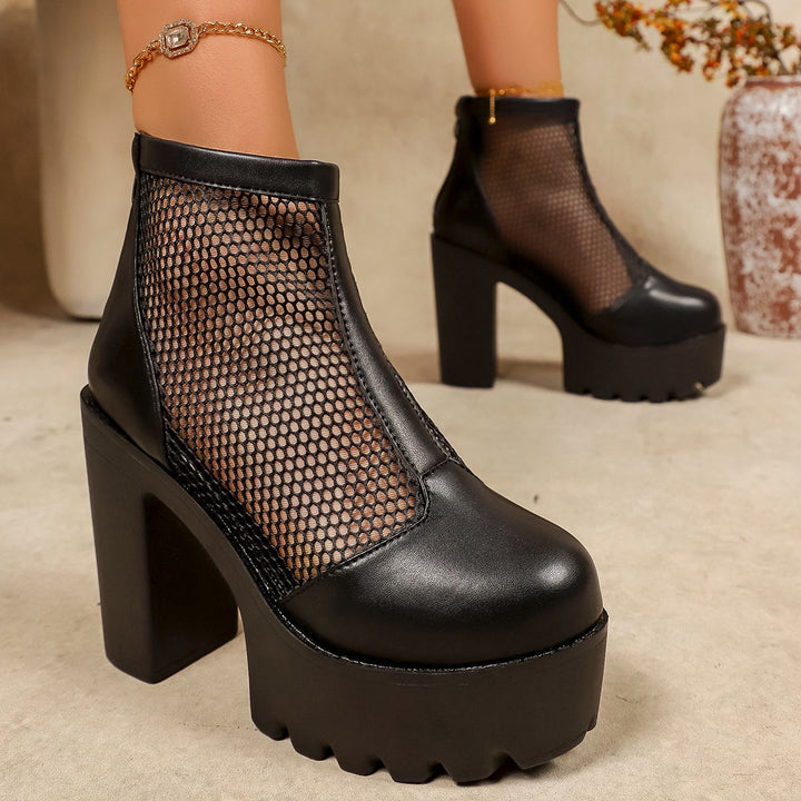Damen Plateau Stiefeletten mit Netz-Ausschnitt und grobem Blockabsatz