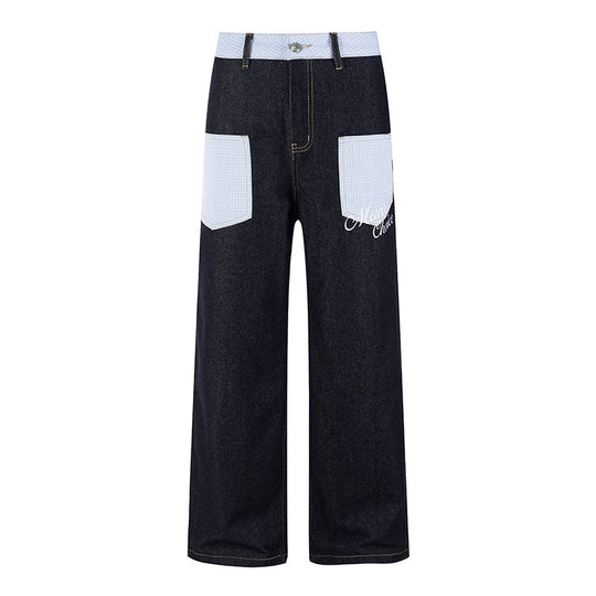 Damen Weite Denim-Hose im Culotte-Stil mit Karomuster-Taschen und hoher Taille Nord Taschen