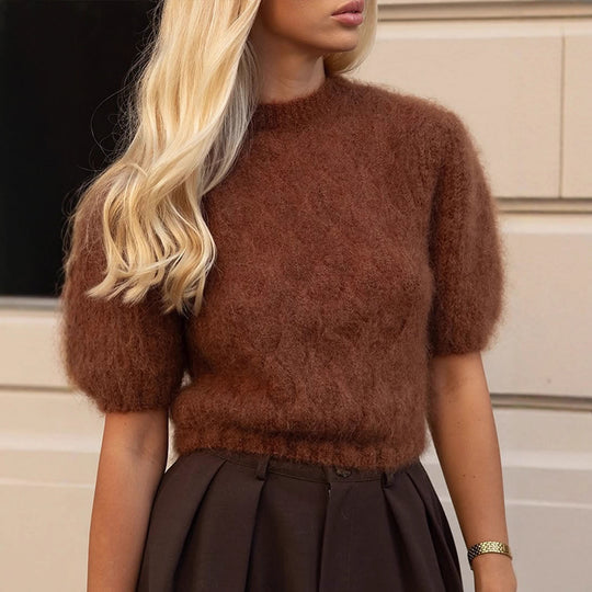 Damen Flauschiger Kurzgeschnittener Mohair-Mix Pullover mit Kurzärmeln und Stehkragen Nord Taschen