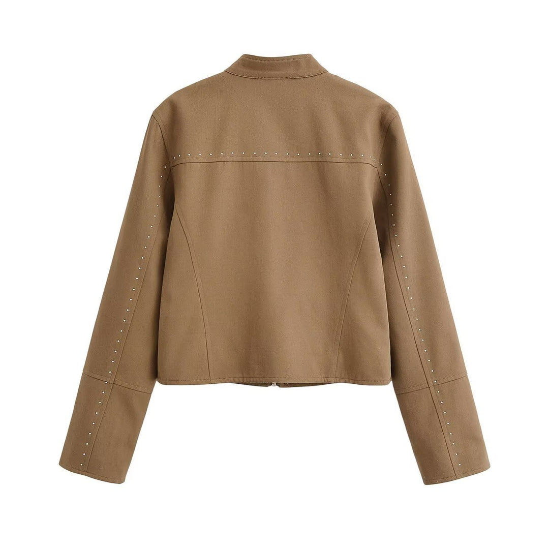 Damen Kurzblouson im Velourslook mit Stehkragen, Reißverschluss und Ziernieten Nord Taschen