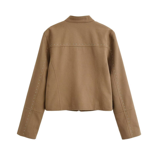 Damen Kurzblouson im Velourslook mit Stehkragen, Reißverschluss und Ziernieten Nord Taschen