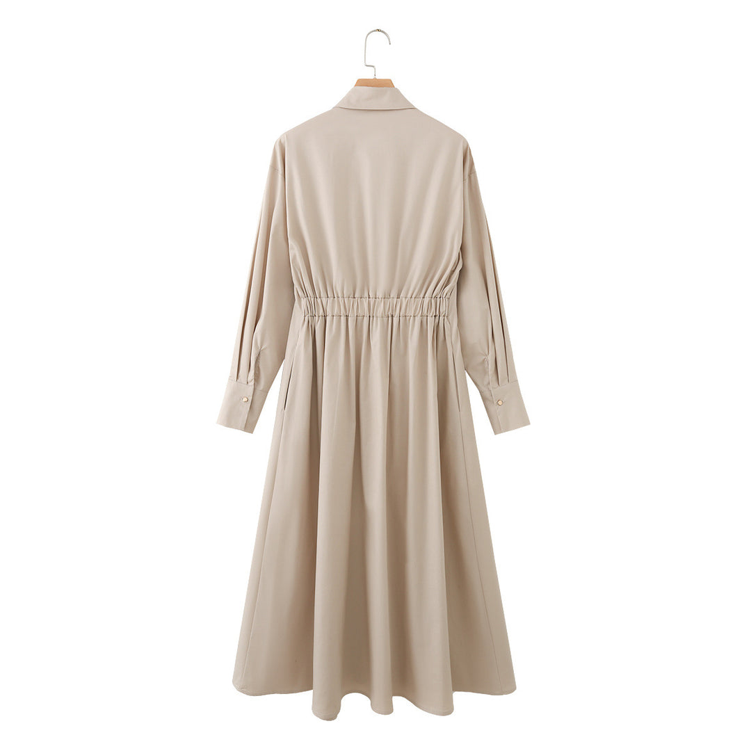 Damen Hemd-Maxikleid mit tiefem V-Ausschnitt, Taillenfalten und schmalem Gürtel Nord Taschen