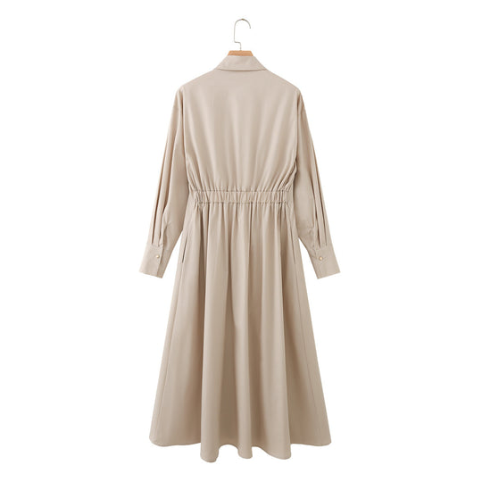 Damen Hemd-Maxikleid mit tiefem V-Ausschnitt, Taillenfalten und schmalem Gürtel Nord Taschen