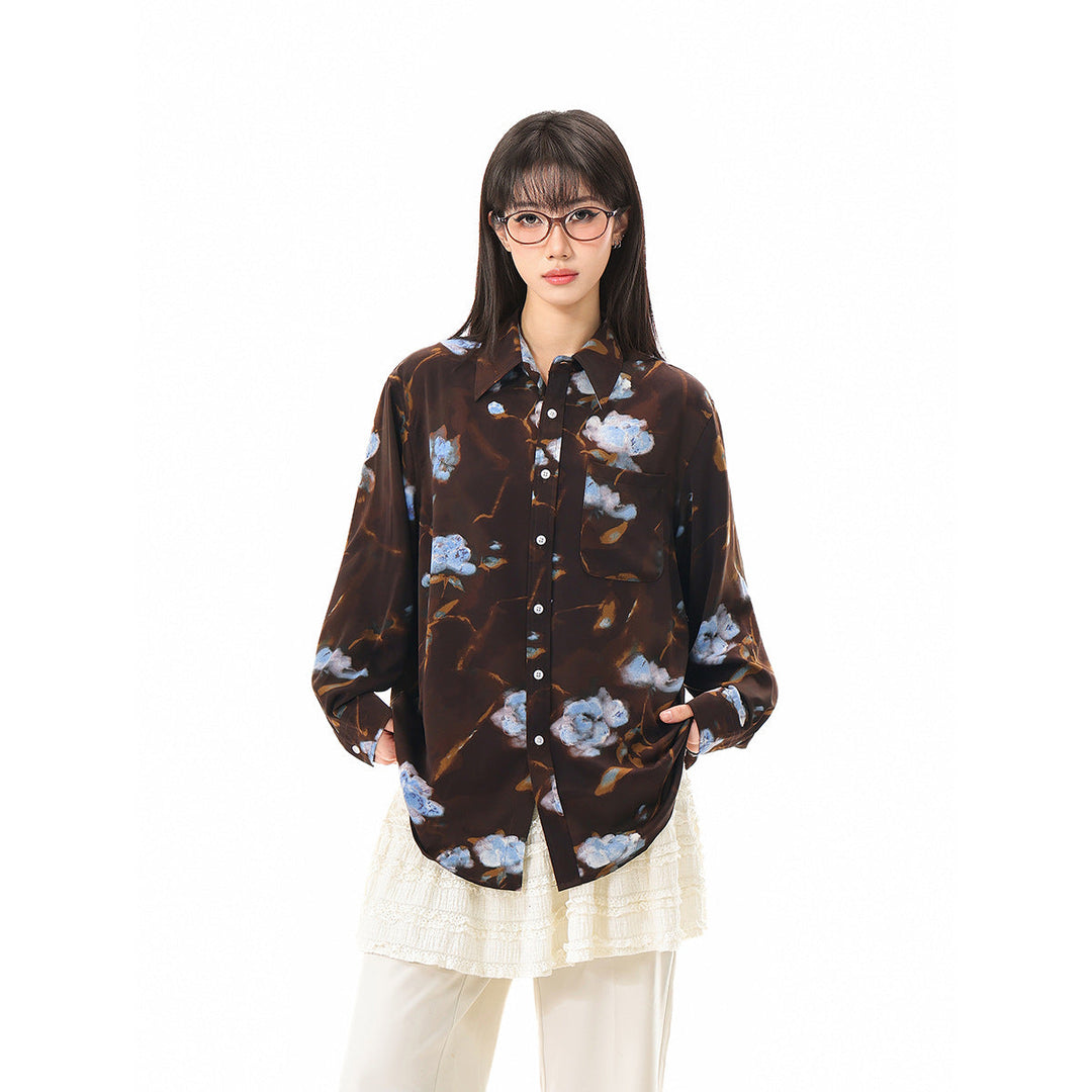 Damen Oversize-Hemdbluse mit abstraktem Blumenprint und aufgesetzter Brusttasche Nord Taschen