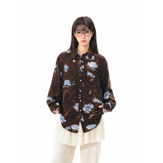 Damen Oversize-Hemdbluse mit abstraktem Blumenprint und aufgesetzter Brusttasche Nord Taschen