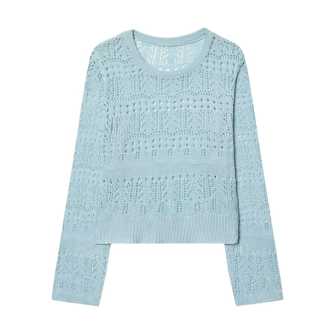 Damen Feinstrick-Openwork-Pullover mit Rundhalsausschnitt und filigranem Lochmuster Nord Taschen