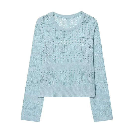Damen Feinstrick-Openwork-Pullover mit Rundhalsausschnitt und filigranem Lochmuster Nord Taschen