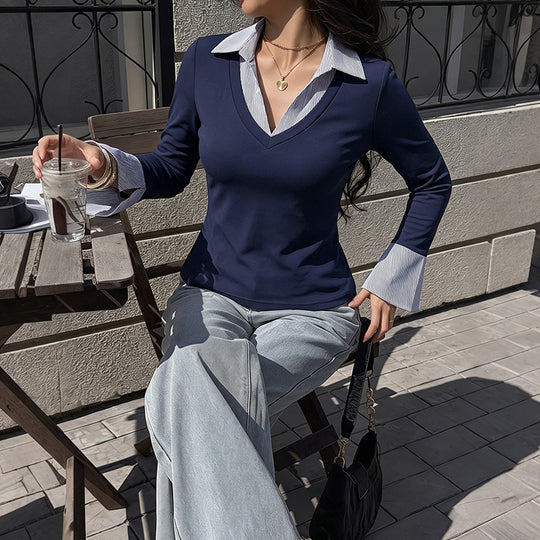 Damen Tailliertes Layering-Langarmshirt mit Hemdblusenkragen und ausgestellten Manschetten Nord Taschen