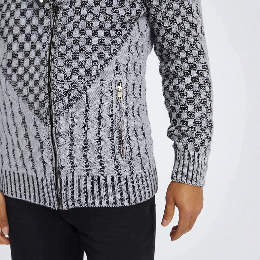 Herren Grobstrick-Cardigan mit asymmetrischem Wickelkragen und Reißverschluss Nord Taschen