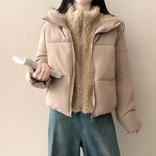 Damen nan kurze wattierte Doppeljacke mit abnehmbarem Teddy-Innenfutter und hohem Stehkragen Nord Taschen