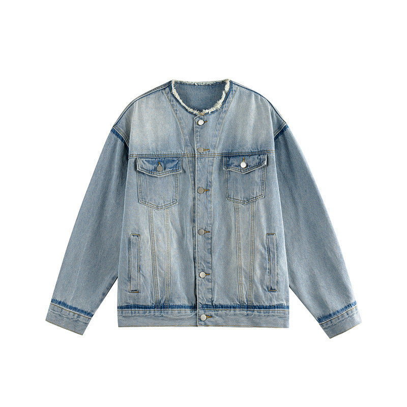Herren Oversize-Denimblouson ohne Kragen mit rohem Halsausschnitt und Pattentaschen Nord Taschen