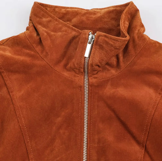 Damen Cropped-Veloursjacke im minimalistischen Design mit Stehkragen, Ziernähten und Reißverschlusstaschen Nord Taschen