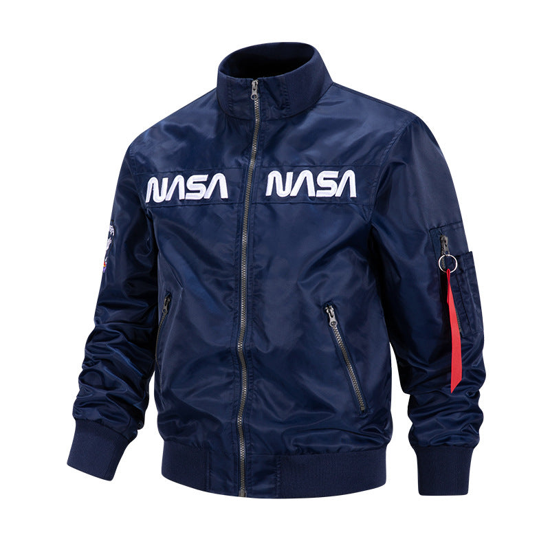 Men's  metallic pilot-style zip-up bomber jacket with embroidered chest panels and angled zip hand pockets Nord Taschen