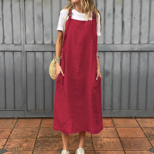 Damen Lässiges Leinen-Latzkleid mit praktischen Seitentaschen und verstellbaren Trägern Nord Taschen