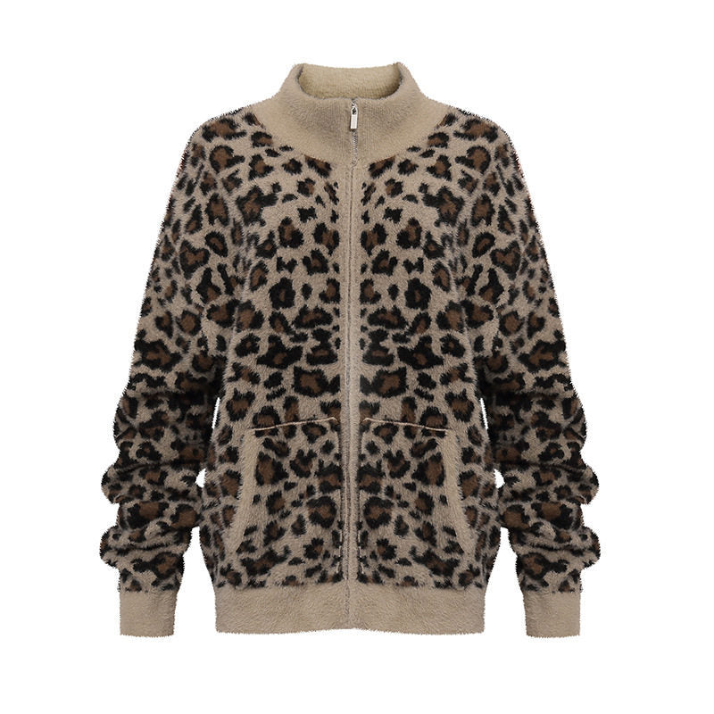 Damen Flauschige Teddy-Fleece-Jacke mit Leopardenmuster und Frontreißverschluss Nord Taschen