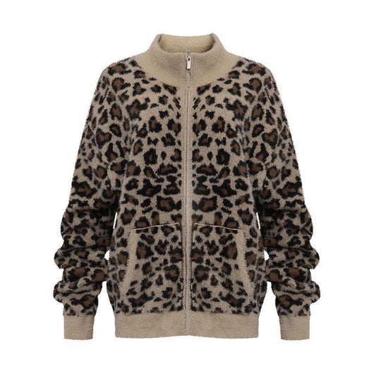 Damen Flauschige Teddy-Fleece-Jacke mit Leopardenmuster und Frontreißverschluss Nord Taschen