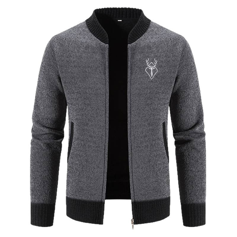Herren lässiger Zip-Strickblouson mit weichem Thermofutter, geripptem Stehkragen und Hirsch-Logo Nord Taschen