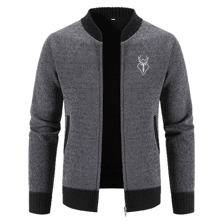 Herren lässiger Zip-Strickblouson mit weichem Thermofutter, geripptem Stehkragen und Hirsch-Logo Nord Taschen