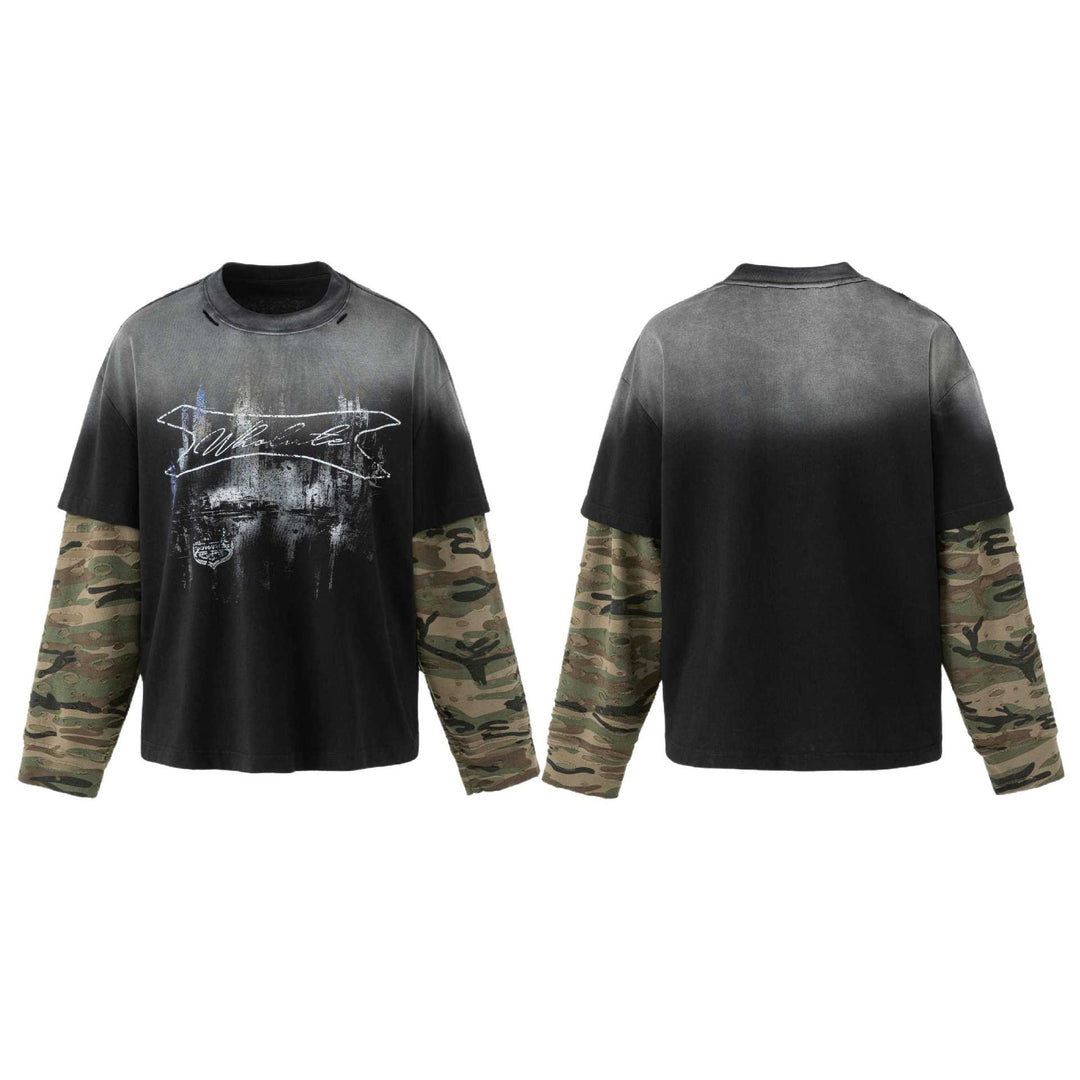 Herren weit geschnittenes Lagenlook T-Shirt mit Used-Effekt und Camouflage-Ärmeln Nord Taschen