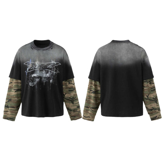 Herren weit geschnittenes Lagenlook T-Shirt mit Used-Effekt und Camouflage-Ärmeln Nord Taschen