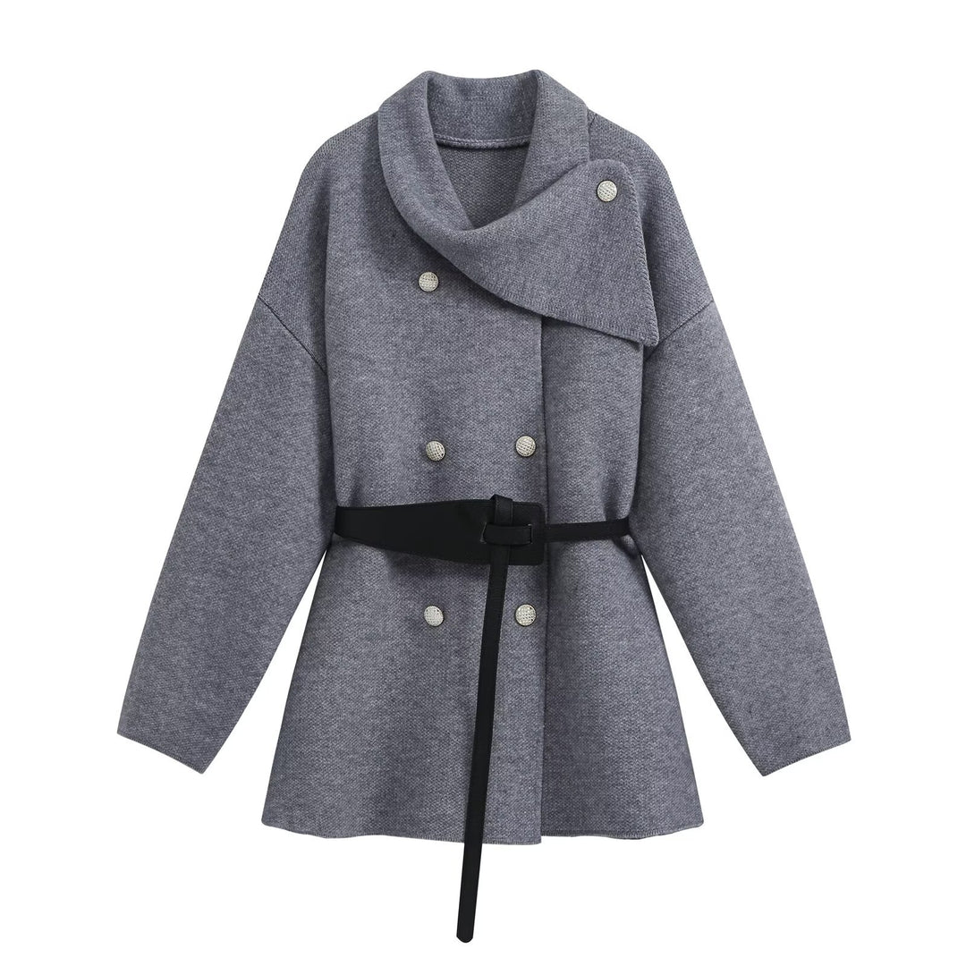 Damen Cropped Bouclé-Mantel mit asymmetrischem Schalkragen und dekorativem Gürtel Nord Taschen