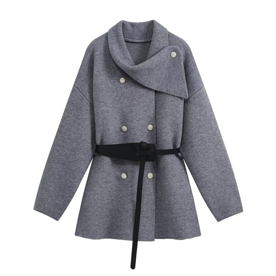 Damen Cropped Bouclé-Mantel mit asymmetrischem Schalkragen und dekorativem Gürtel Nord Taschen