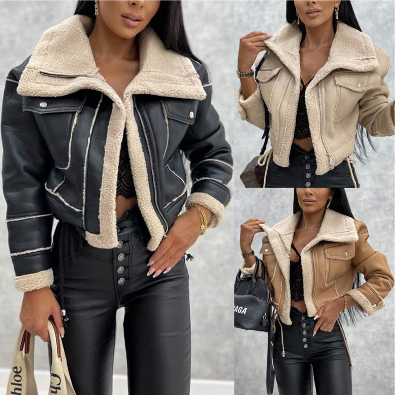 Damen Fliegerjacke in Lammfell-Optik mit Teddyfutter und taillierter Biker-Silhouette Nord Taschen