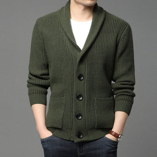 Herren Grobstrick-Cardigan mit Schalkragen, aufgesetzten Taschen und Knopfleiste Nord Taschen