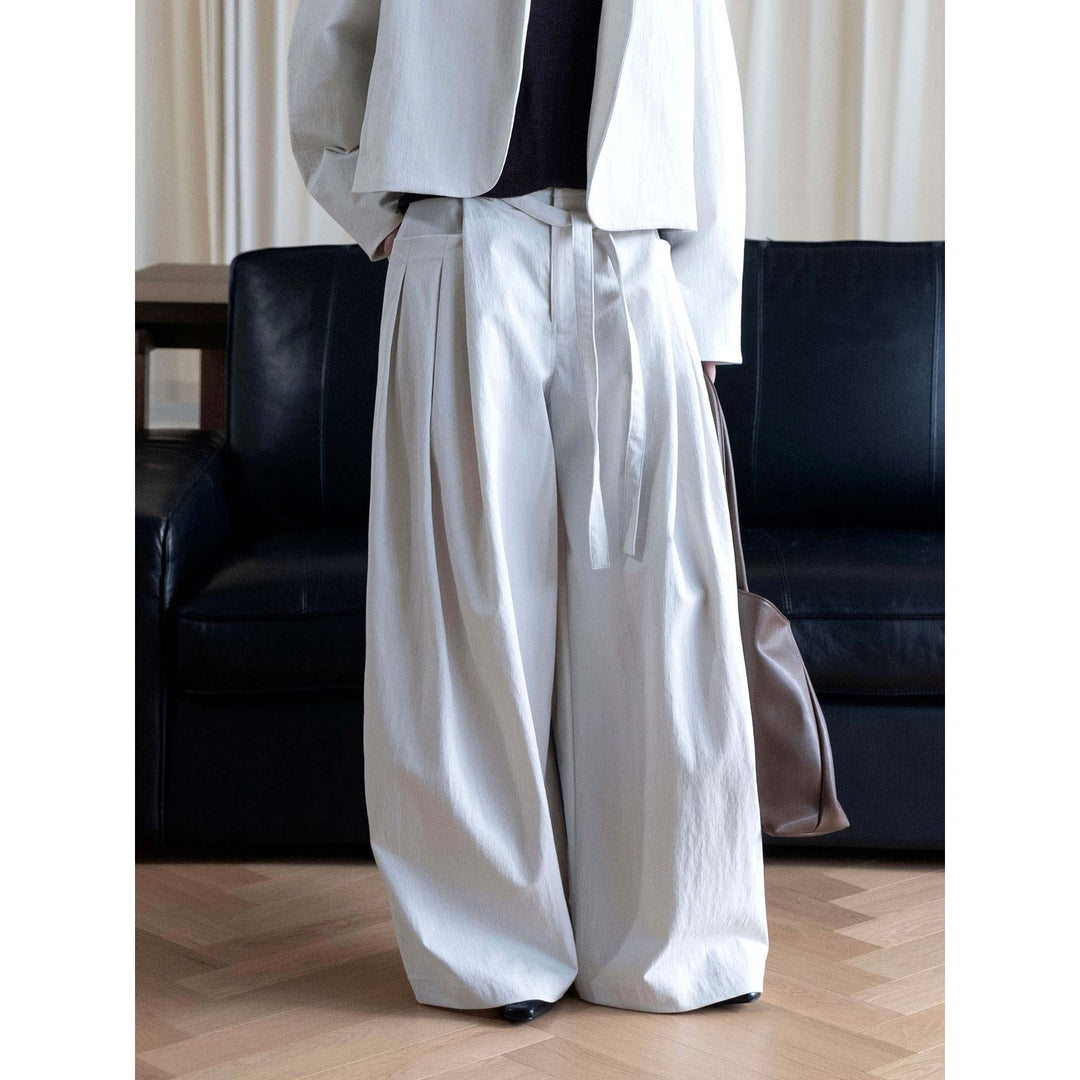 Damen Weite Bundfaltenhose mit hoher Taille und Bindegürtel Nord Taschen