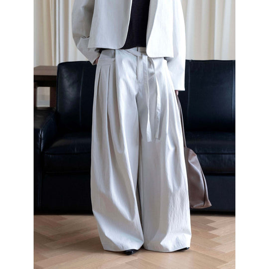 Damen Weite Bundfaltenhose mit hoher Taille und Bindegürtel Nord Taschen