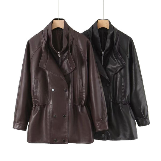 Damen Oversized Kunstlederjacke mit hohem Stehkragen und doppelreihiger Knopfleiste Nord Taschen