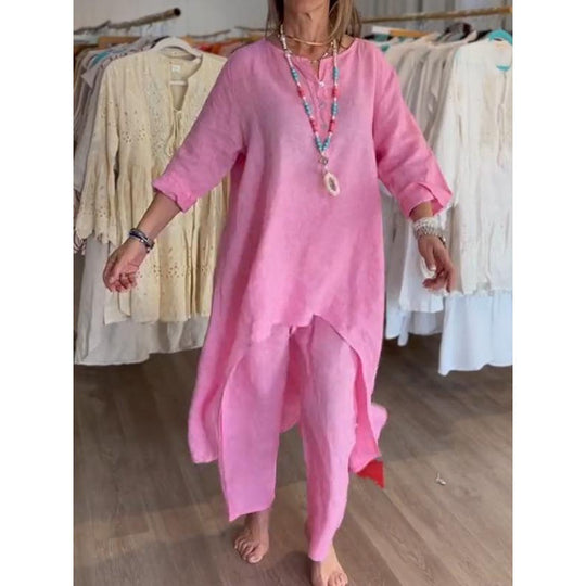 Damen Midilanges Leinen-Tunika-Set mit asymmetrischem Saum und weiter Palazzo-Hose Nord Taschen