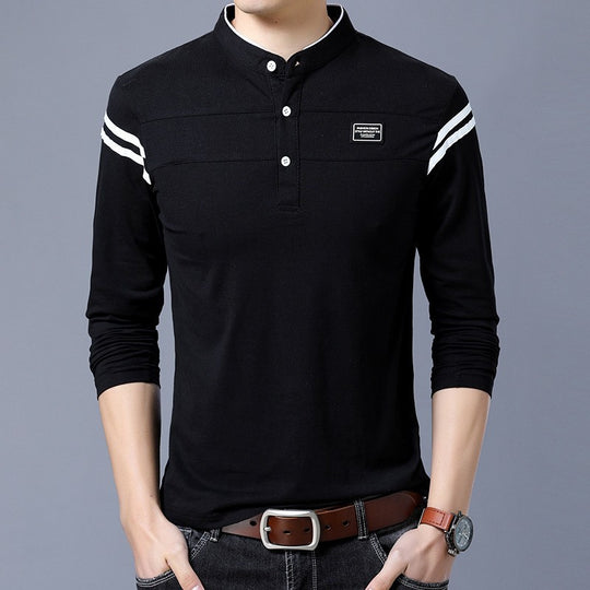 Herren Slim-Fit Langarm-Henley mit Stehkragen und Schulterstreifen Nord Taschen