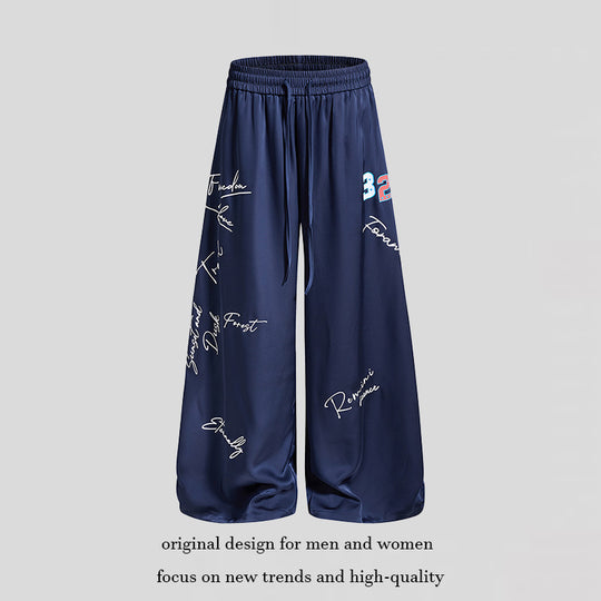Damen Weite Satin-Palazzo-Loungehose mit Elastikbund, Kordelzug und Script-Print Nord Taschen