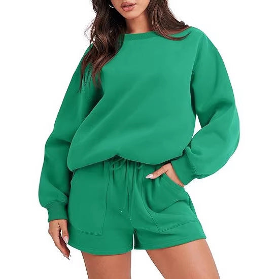 Damen Lässiges zweiteiliges Lounge-Sweatset mit Oversize-Rundhals-Sweatshirt und High-Waist-Relax-Shorts Nord Taschen