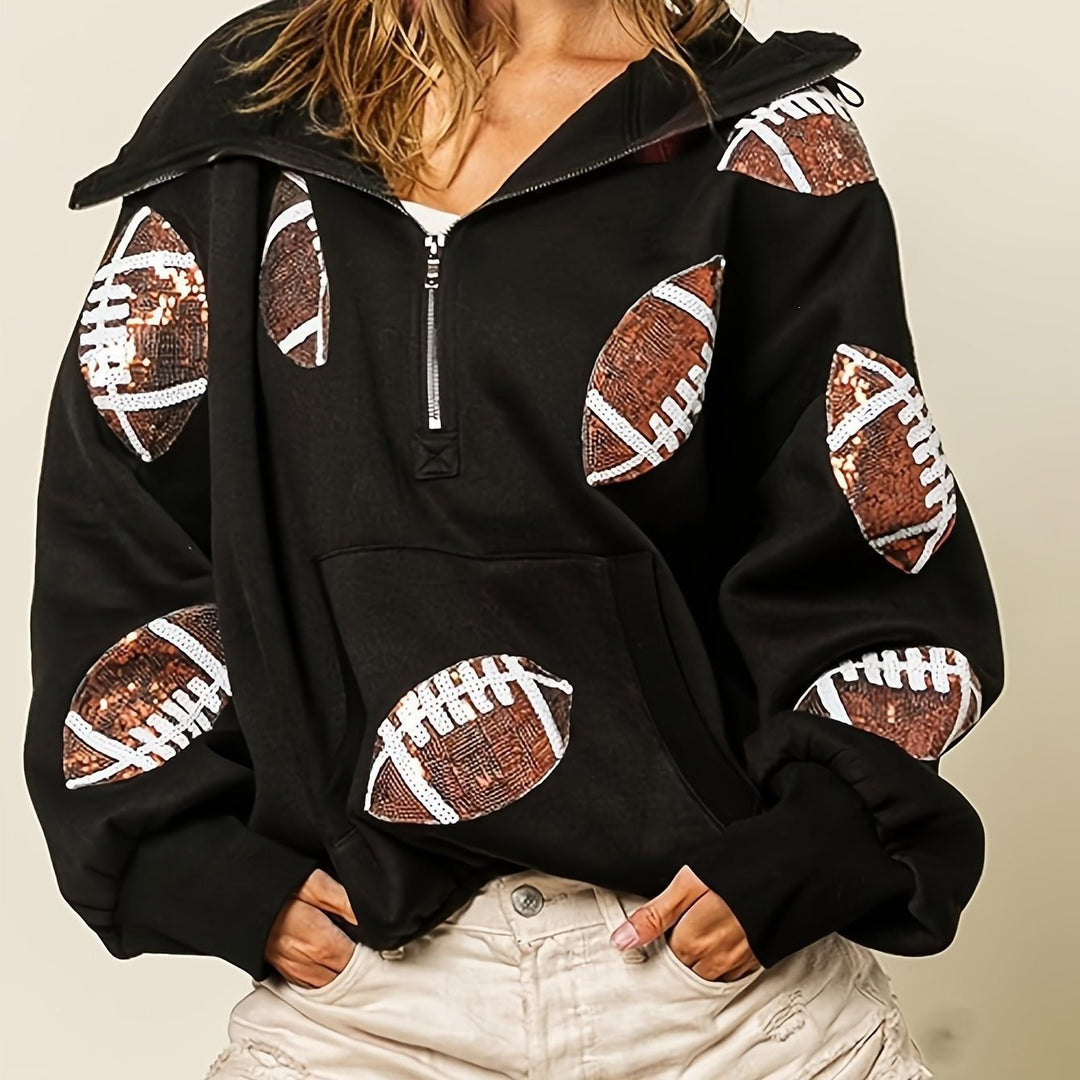 Damen Oversized Kapuzenpullover mit halbem Reißverschluss und Pailletten‑Football-Applikation Nord Taschen