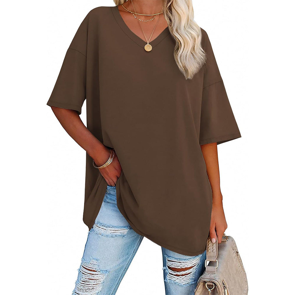 Damen Oversized T-Shirt mit V-Ausschnitt und seitlichen Schlitzen
