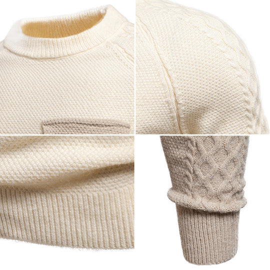Herren Pullover aus Strukturstrick mit Rundhals, aufgesetzter Brusttasche und Zopfmuster-Ärmeln Nord Taschen