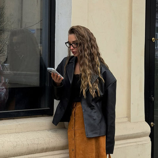 Damen Modischer Blazer-Bomber aus veganem Lederimitat mit doppeltreihiger Front Nord Taschen
