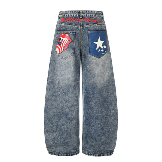 Damen High‑Waist Weite Palazzo-Jeans mit Statement-Patches und Retro-Embelishments Nord Taschen