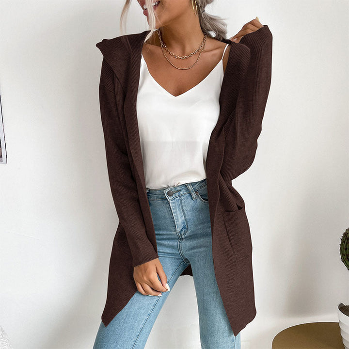 Damen Langärmlige Strickjacke mit Kapuze und seitlichen Taschen