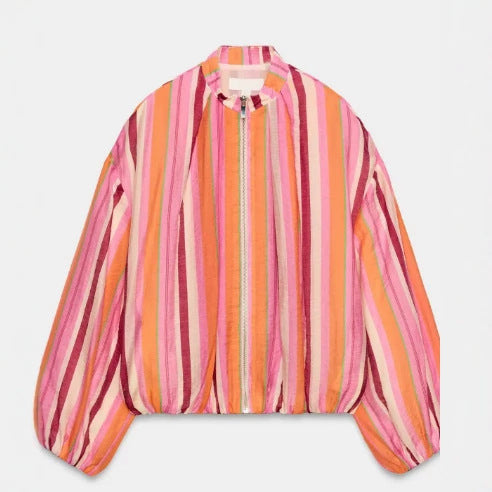 Damen Leichte gestreifte Cropped‑Bomberjacke mit Ballonärmeln und Reißverschluss Nord Taschen
