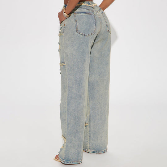 Damen Hochtaillierte Oversize-Jeans mit weitem Bein und ausgefransten Rissen Nord Taschen