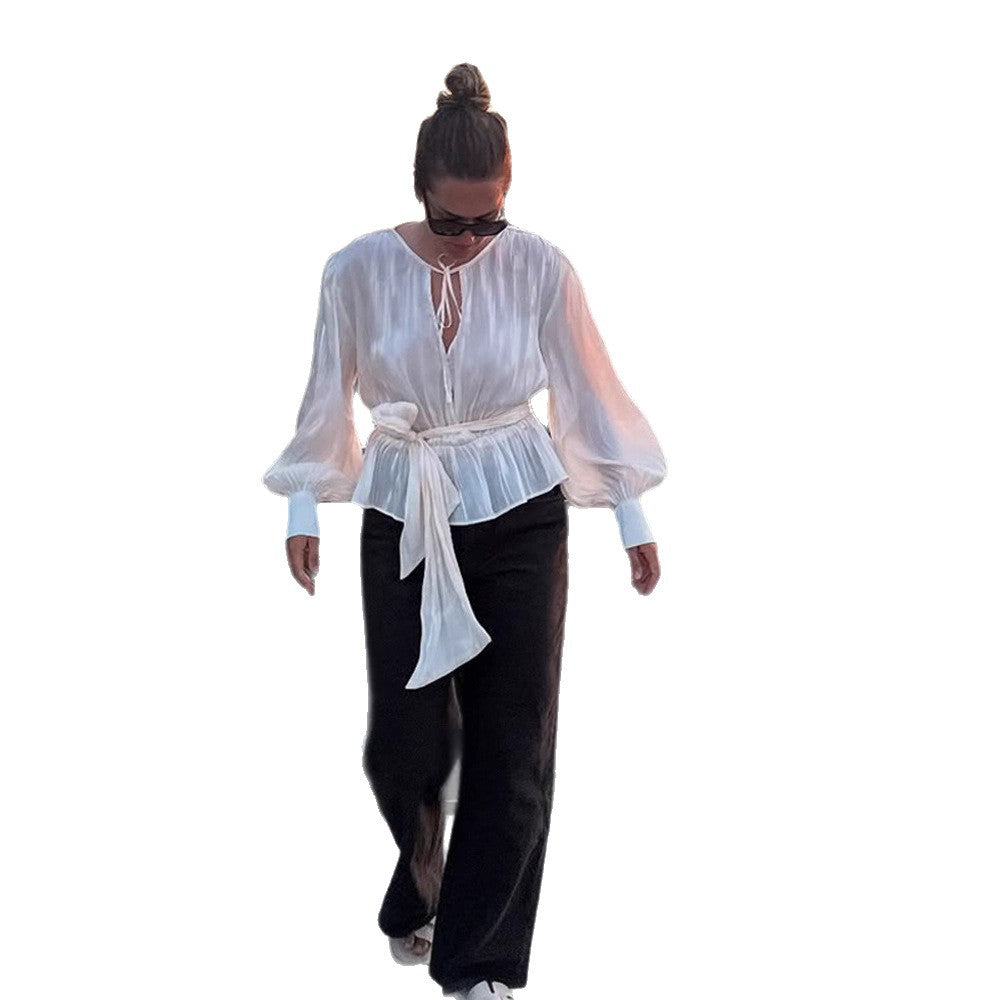 Damen Elegante Wickelbluse mit Bindegürtel und voluminösen Ballonärmeln Nord Taschen