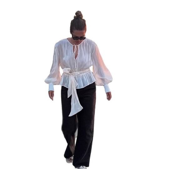 Damen Elegante Wickelbluse mit Bindegürtel und voluminösen Ballonärmeln Nord Taschen